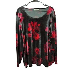 Whimsigoth‎ Black Red Floral Velvet Sparkle Long Sleeve Top Women's Plus Size